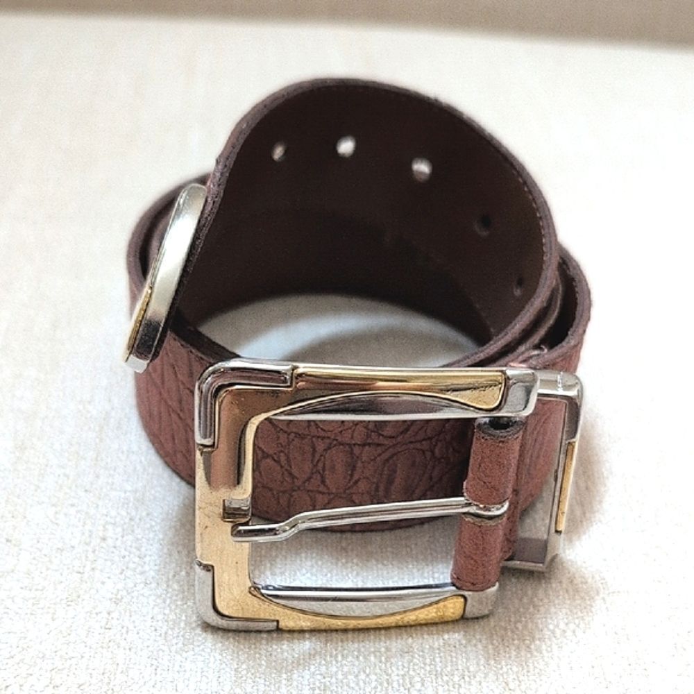 Genuine Leather Croc Embossed Brown Belt Gold & Silver Buckle and Tip Vintage